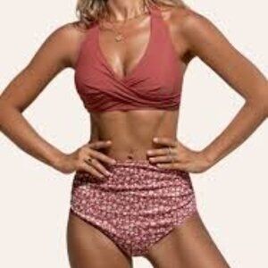 NWT CUPSHE Brown Twist Bikini Top & Ditsy High-Waisted Bottoms Set
